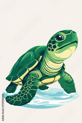 Illustration of a green sea turtle in shallow water, looking forward with a curious expression.