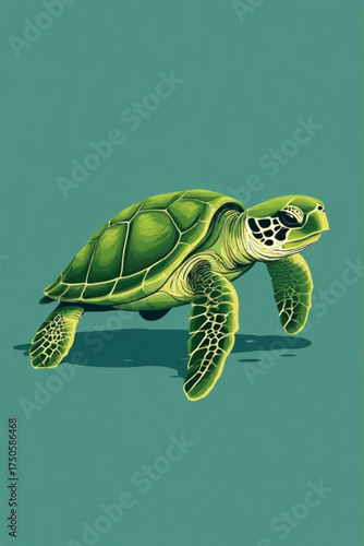 Illustration of a green sea turtle with detailed shell and flippers against a solid teal background.