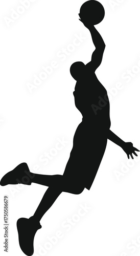 Silhouette of a basketball player in mid air about to dunk