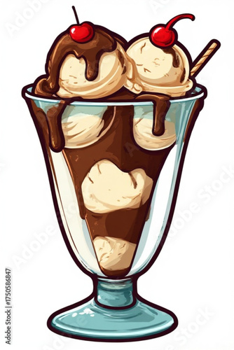 A delicious ice cream sundae in a glass, topped with cherries and chocolate sauce.