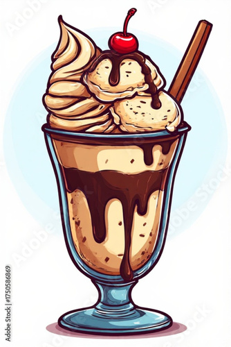 A delicious ice cream sundae with whipped cream, chocolate sauce, and a cherry.