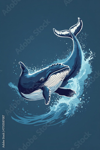 A majestic blue whale leaps from the ocean, creating a splash.