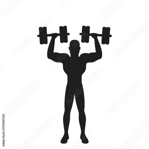 Silhouette of a muscular person lifting weights overhead in a gym