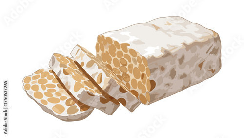 Sliced Tempeh Block - Fermented Soybean Cake with Visible Bean Texture and White Mold.