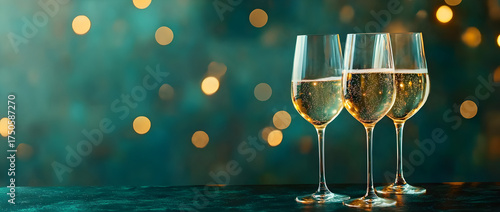Three glasses of champagne on a dark green background with golden bokeh lights.