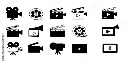 Cinema line and flat icons. Camera, film, clapper board, reel, player icon. Vector
