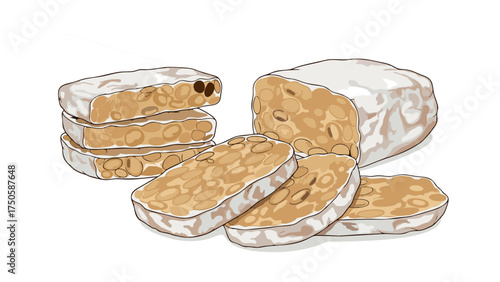 Rectangular Block of Fermented Soybeans, Tempeh, with Visible Bean Texture.