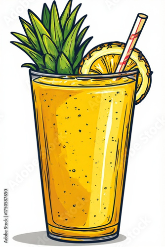 A refreshing illustration depicts a tall glass filled with a vibrant, yellow pineapple smoothie, complete with garnish and a straw.