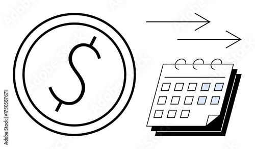 Dollar sign circle, arrows representing time, calendar with highlighted dates. Ideal for payment schedules, budgeting, financial growth, time management, deadlines, profitability simple flat