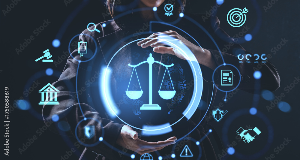 Obraz premium Futuristic justice concept with hologram of scales held by businessperson surrounded by legal icons on dark background in digital style.