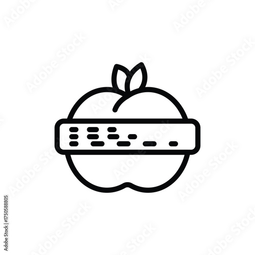 Outline depicts a peach with two leaves and a rectangular bar across its middle marked with dots and dashes