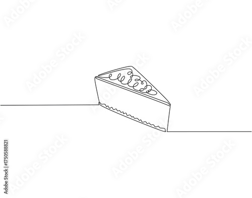 Slice cake continuous line art. Piece of cake one line drawing. Dessert, bakery and pastry concept vector illustration