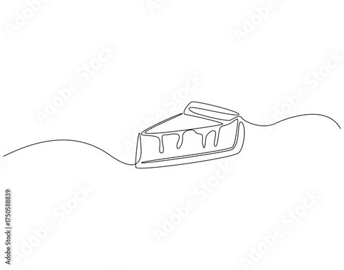 Slice cake continuous line art. Piece of cake one line drawing. Dessert, bakery and pastry concept vector illustration