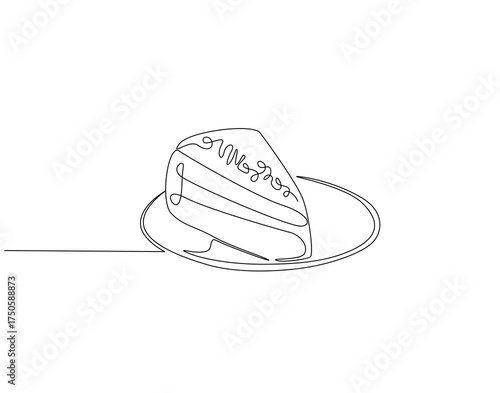 Slice of cake on plate continuous line art. Cake slice on plate one line drawing. Pastry and bakery concept vector illustration