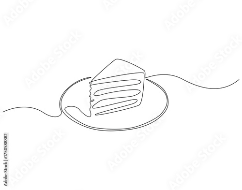Slice of cake on plate continuous line art. Cake slice on plate one line drawing. Pastry and bakery concept vector illustration