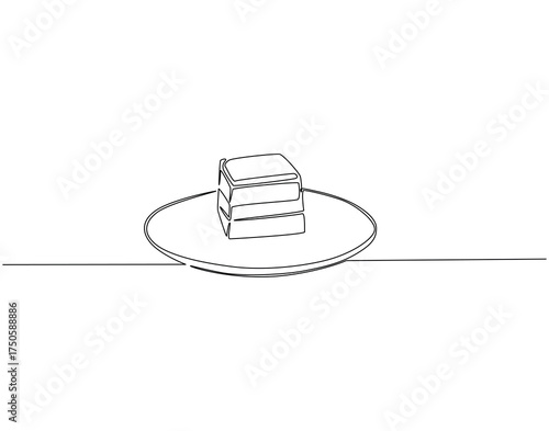 Slice of cake on plate continuous line art. Cake slice on plate one line drawing. Pastry and bakery concept vector illustration