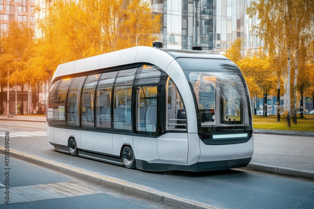 Fototapeta premium Modern electric tram on city street surrounded by autumn foliage in golden light
