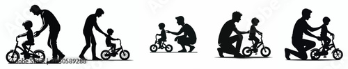 vector silhouette of father teaching child to ride a bicycle