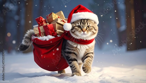 An adorable tabby cat with a Santa hat and scarf carries a sack filled with wrapped gifts in a snowy forest scene. Focus is on the festive feline