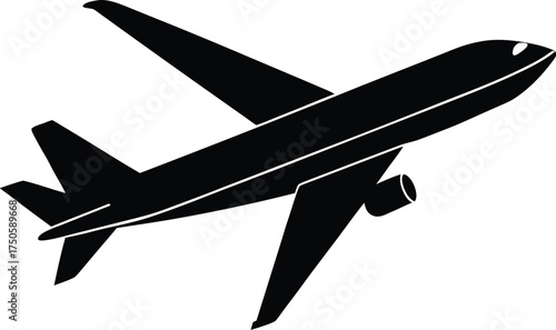 Minimal passenger airplane silhouette vector illustration, modern jet aircraft side view, simple black design
