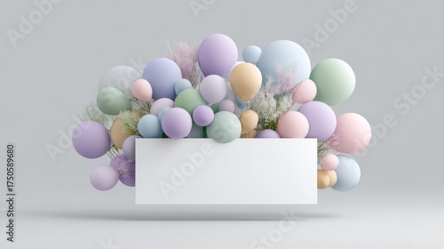 A white box with colorful balloons surrounding it