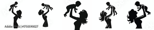 vector silhouette of a happy mother lifting her baby up