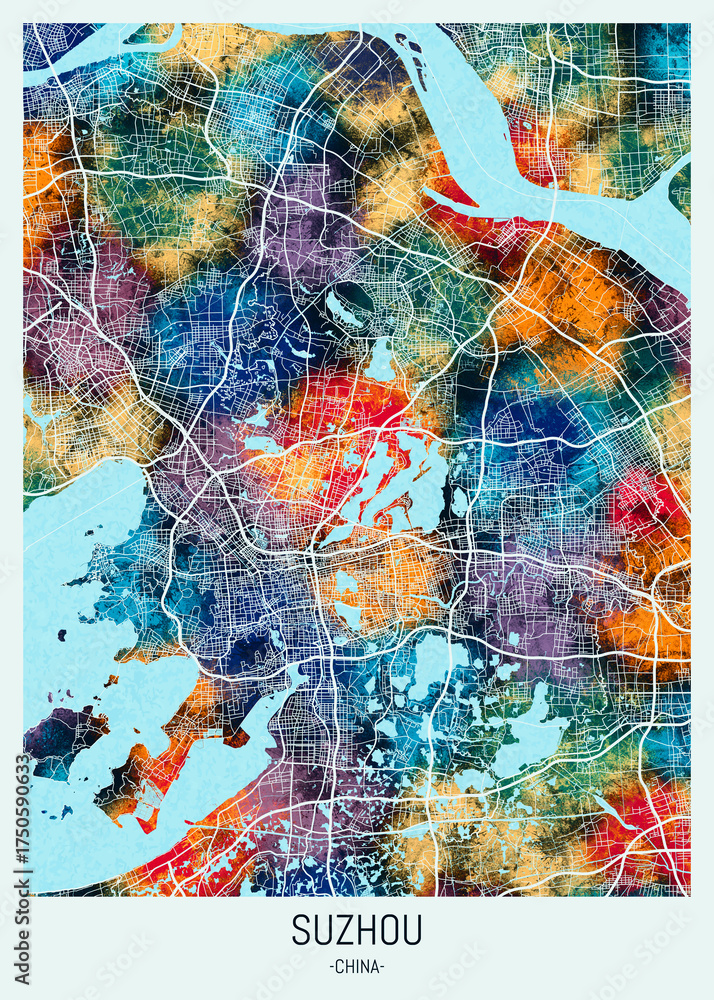 Fototapeta premium Suzhou China City Map. Watercolor city, watercolor paint, modern city, urban city, hand paint, travel city, travel destination, city background, city banner, city colorful paint