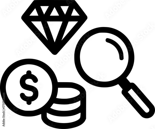 Budget, money, coin, diamond, magnifying glass sign, symbol, vector, art