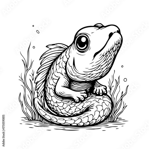 A Charming Aquatic Creature's Illustration: A Detailed Line Art Depicting a Small Water Dweller