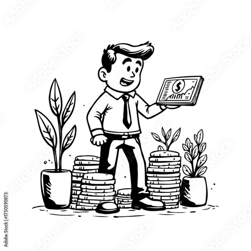 A cheerful financier showcases rising profits and investments amidst thriving greenery and