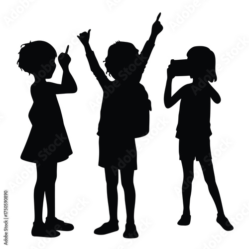 Silhouette of children playing pointing and capturing moments with a camera