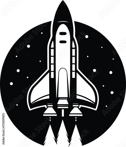 Space shuttle silhouette vector, minimal spacecraft launch design, clean aviation and technology icon