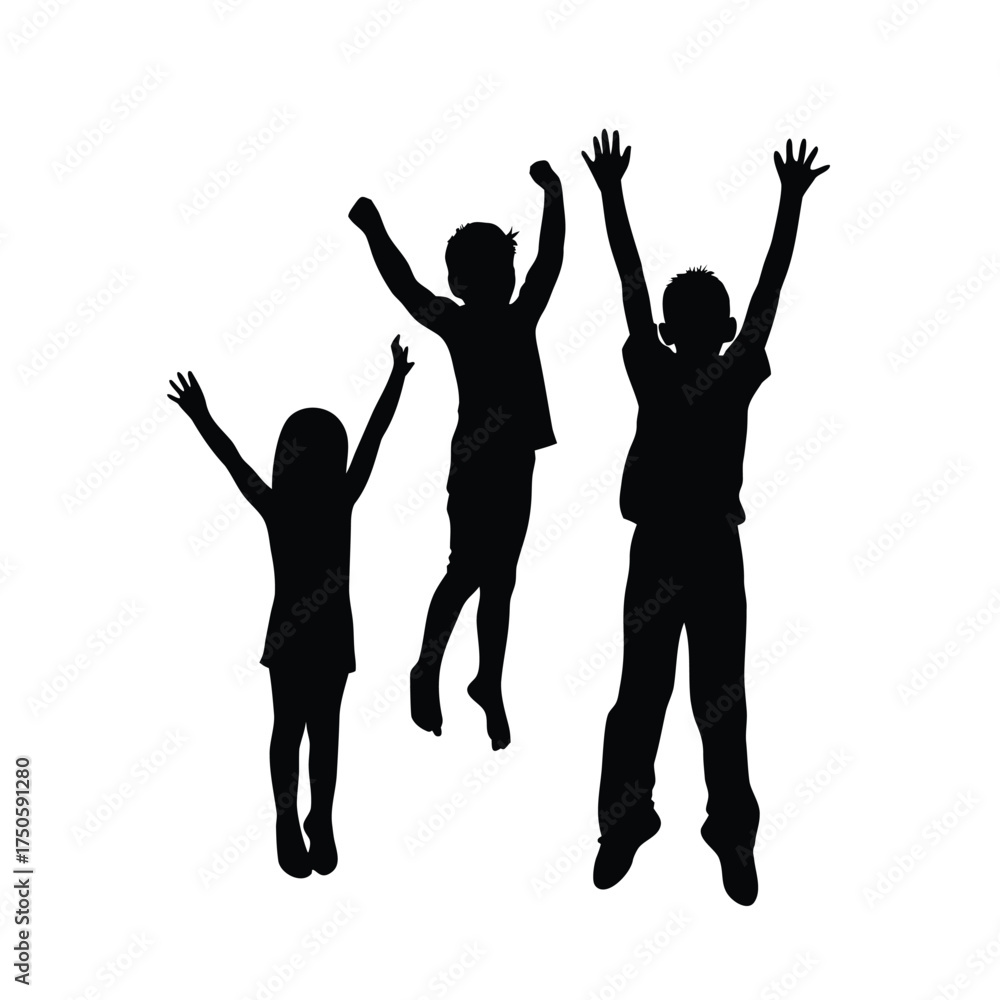 Fototapeta premium Silhouettes of joyful children jumping with arms raised in celebration