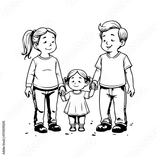 A happy family portrait illustration of a mother father and daughter standing together in