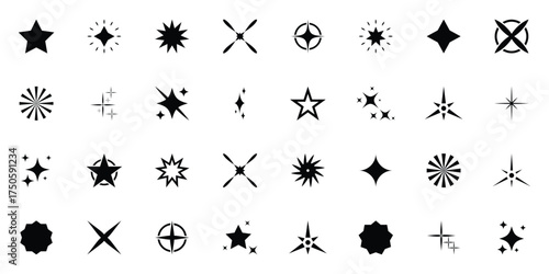 Stars icon collection. Different star shapes. Black stars icon set.  Sparkle star icon set. Different star shapes. Different vector sparkling stars icon, decorative twinkle stars. Vector illustration.