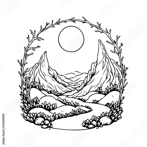 A serene landscape unveiling towering peaks and a winding pathway embraced by nature's gentle