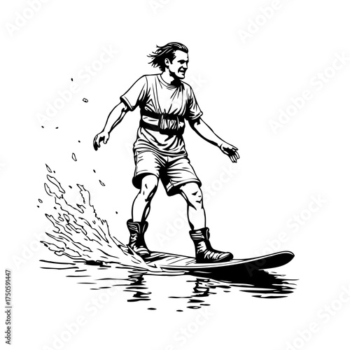 A sketched illustration portraying a man joyfully surfing on water radiating exuberance and
