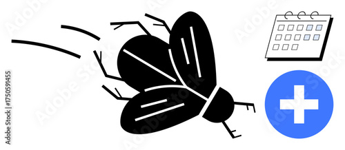 A black fly in motion near a healthcare cross and calendar. Ideal for health, pest control, hygiene, prevention, scheduling, reminders, agriculture. A simple flat metaphor