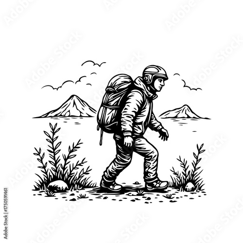 A solitary hiker with a large backpack traversing a mountainous terrain in monochrome art style