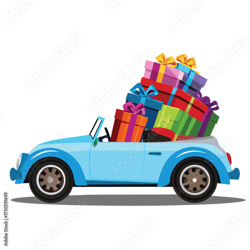 A light blue vintage car overflowing with colorful wrapped gifts