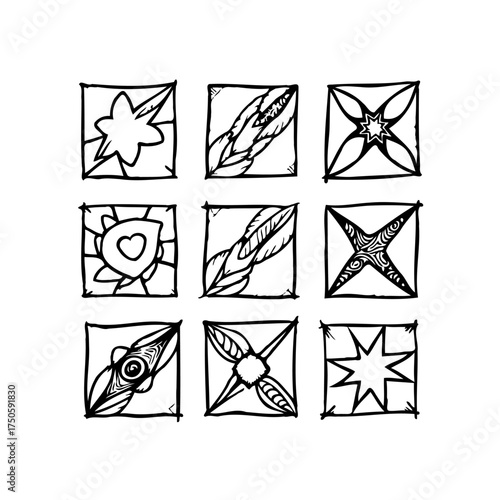 Abstract shapes displayed in hand drawn square patterns creating unique and interesting graphical