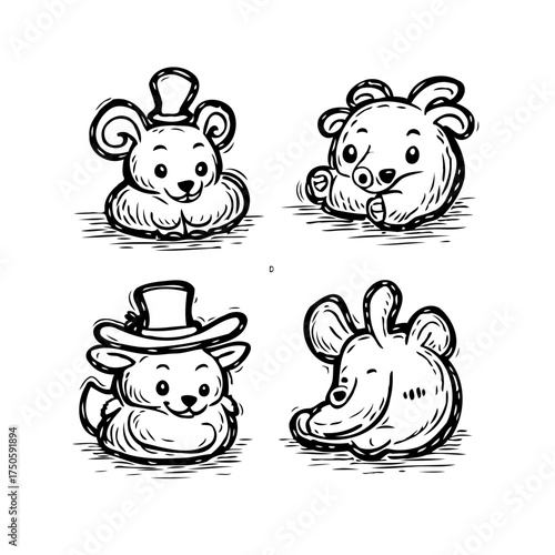 Adorable animal characters showcase unique headwear in playful monochrome illustrations and bring