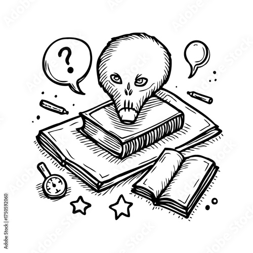 An enigmatic drawing illustrating knowledge pursuit with surreal elements and academic exploration