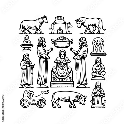 Ancient depiction featuring figures horses a religious structure a bull and various human
