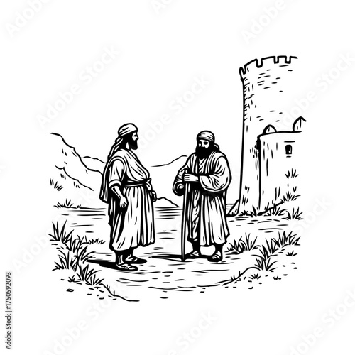 Ancient discourse near a fortress: Two figures engage in conversation against a backdrop of rugged