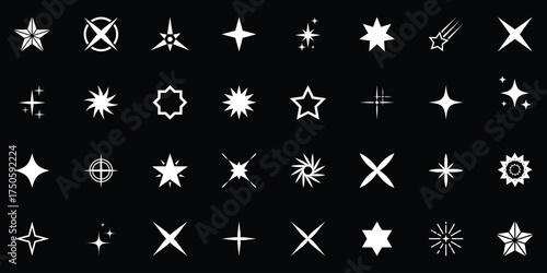 Star shapes in black and white design elements for use in creative projects, blinking shining star, sparks and sparkle shapes vector illustration