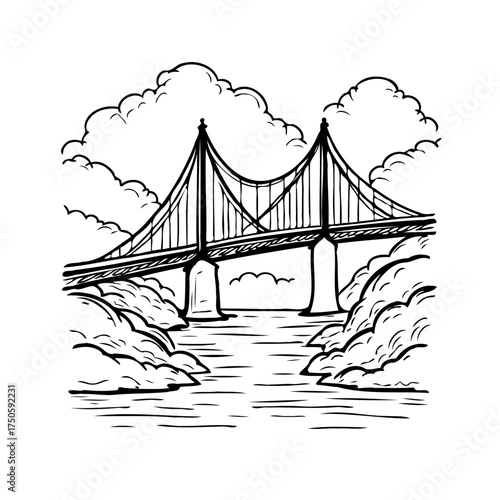 Architectural marvel drawing of a bridge spanning water with cloudy sky in background picturesque