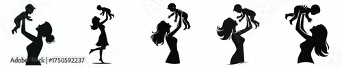 vector silhouette of a happy mother lifting her baby up