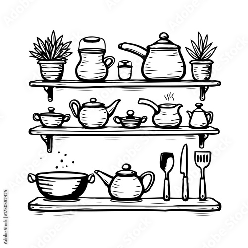 Artistic kitchen shelf illustration displaying an assortment of cookware and foliage with detailed