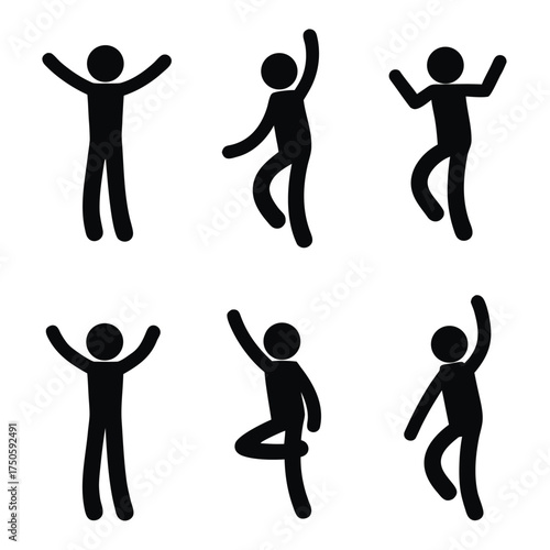 Stick figures in various dynamic poses demonstrating movement and celebration
